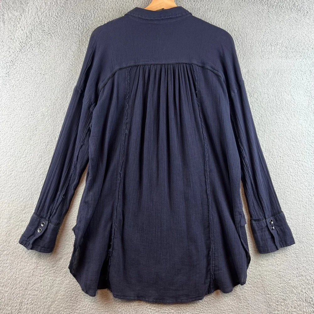 We The Free Free People Navy Blue Lace Pintuck Gauze Button Down Tunic Top M